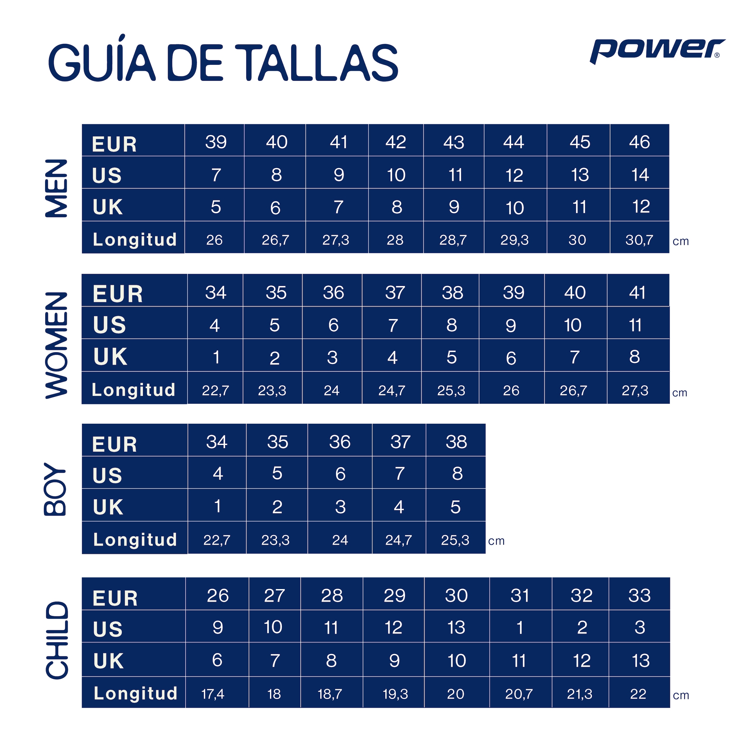 Guia de talla shoes Power